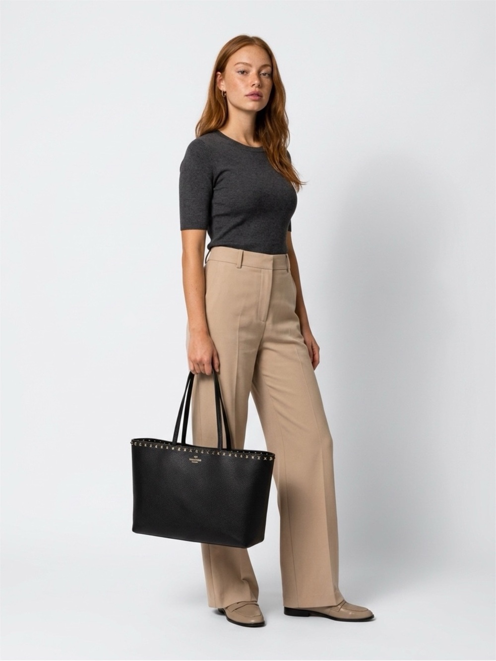 Valentino Black Leather Rockstud Tote - Small